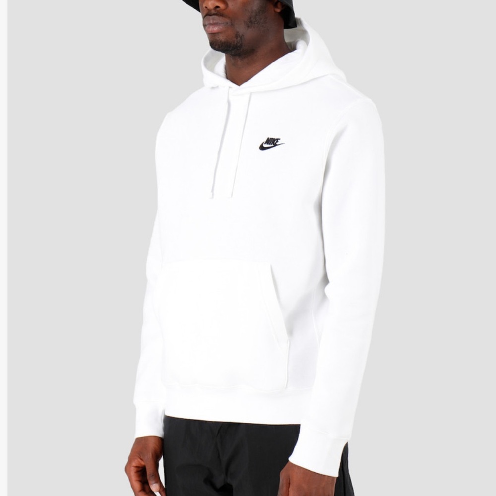 Nike Sportswear Essential Fleece Pullover Hoodie White Embroidered Swoosh Logo-M